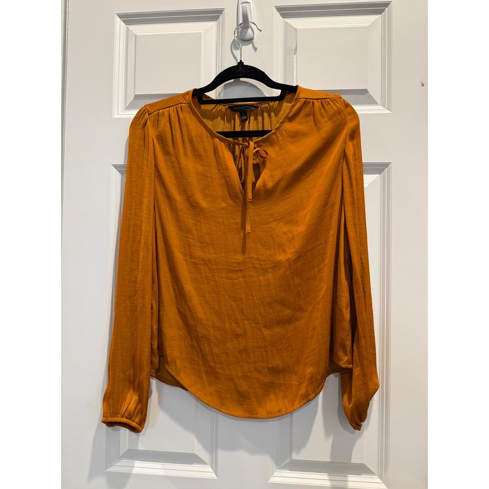 Banana Republic Womens Long Sleeve Tie Neck Blouse Burnt Orange Satin Top Small